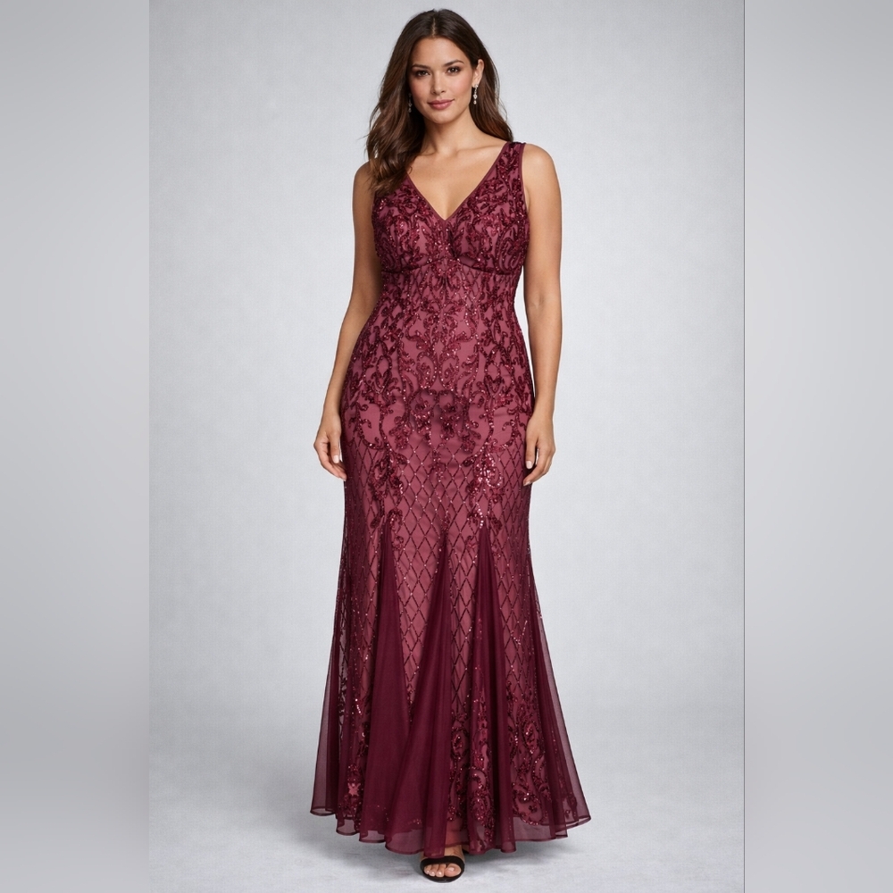 R&M Richards Burgundy Beaded Sequin Maxi Gown Formal Evening Wedding 14W Dress